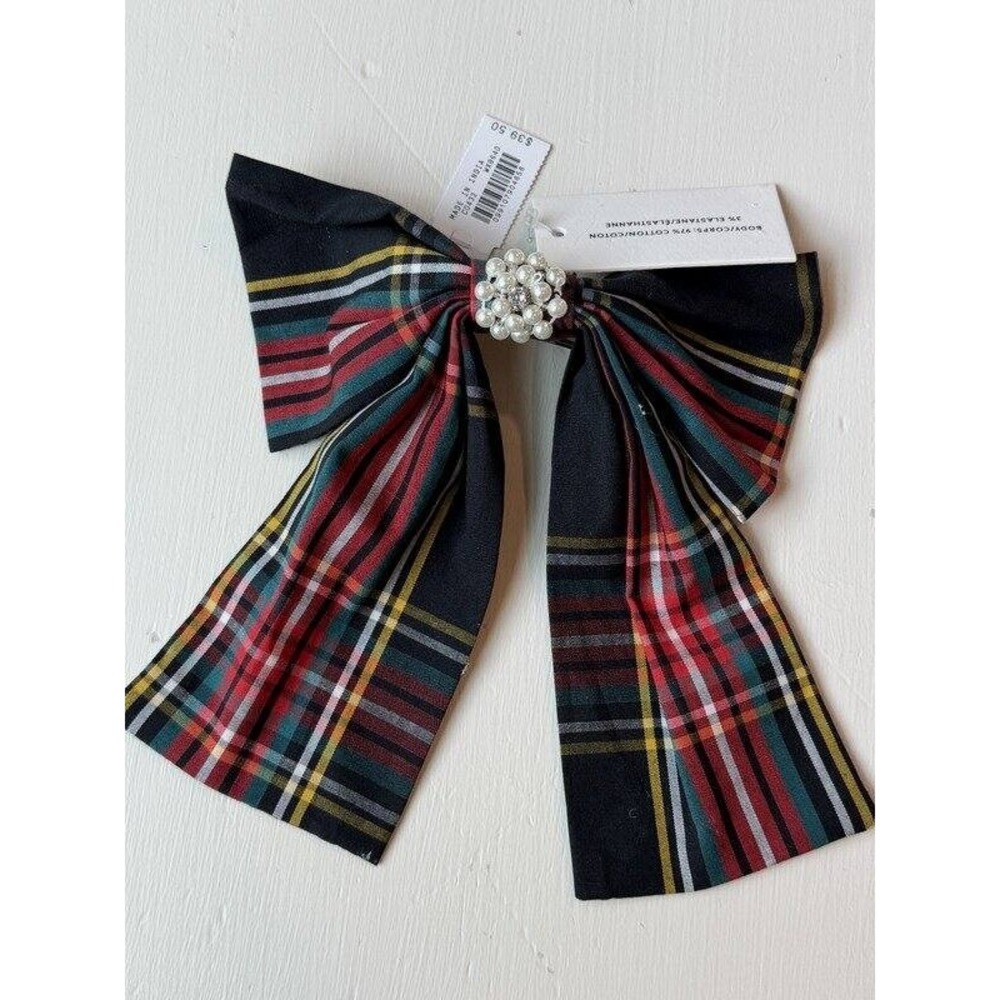 J Crew Tartan Holiday Plaid Hair Bow Clip Pear Detail New with Tag